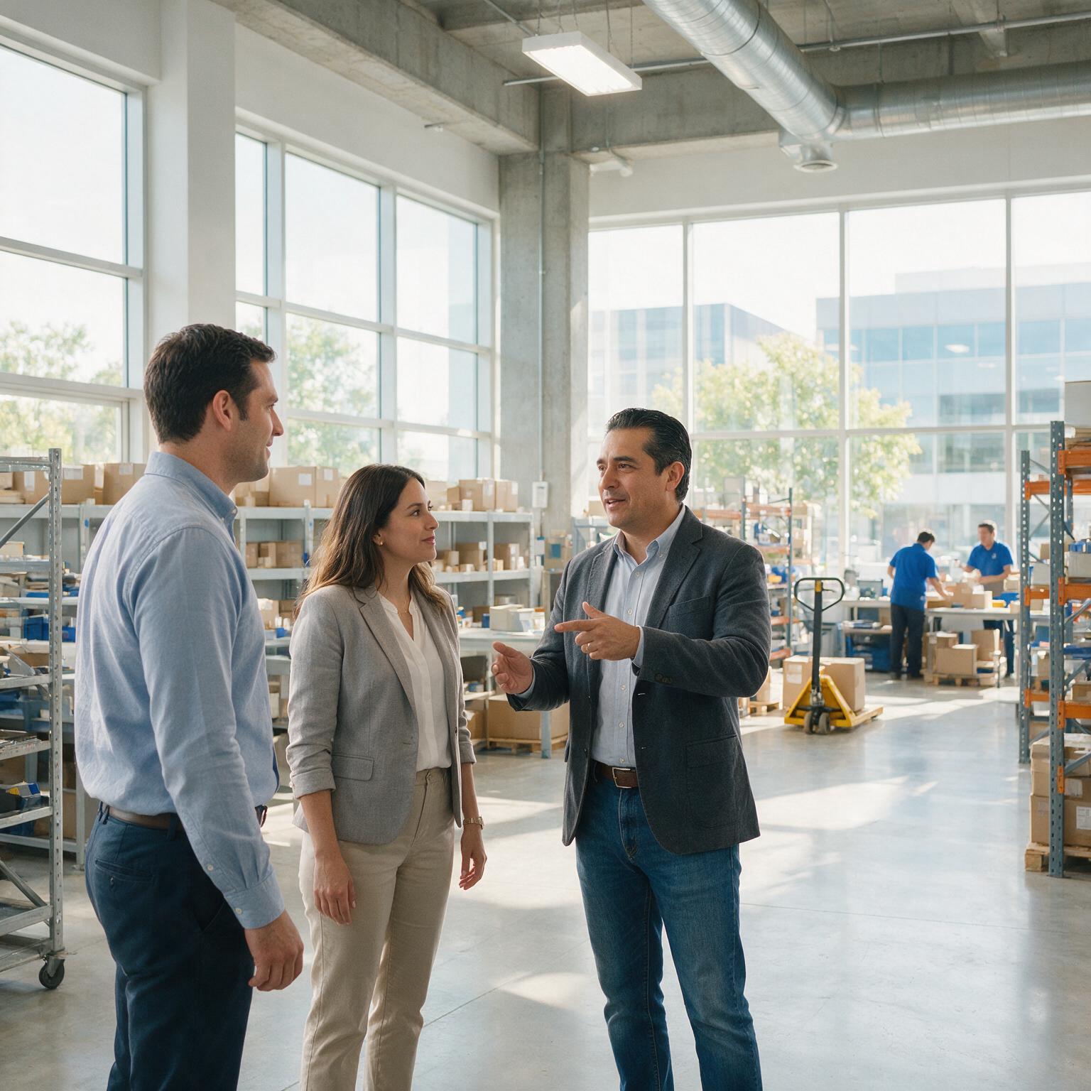 Empresario mexicano conversando con su equipo en las instalaciones de su empresa