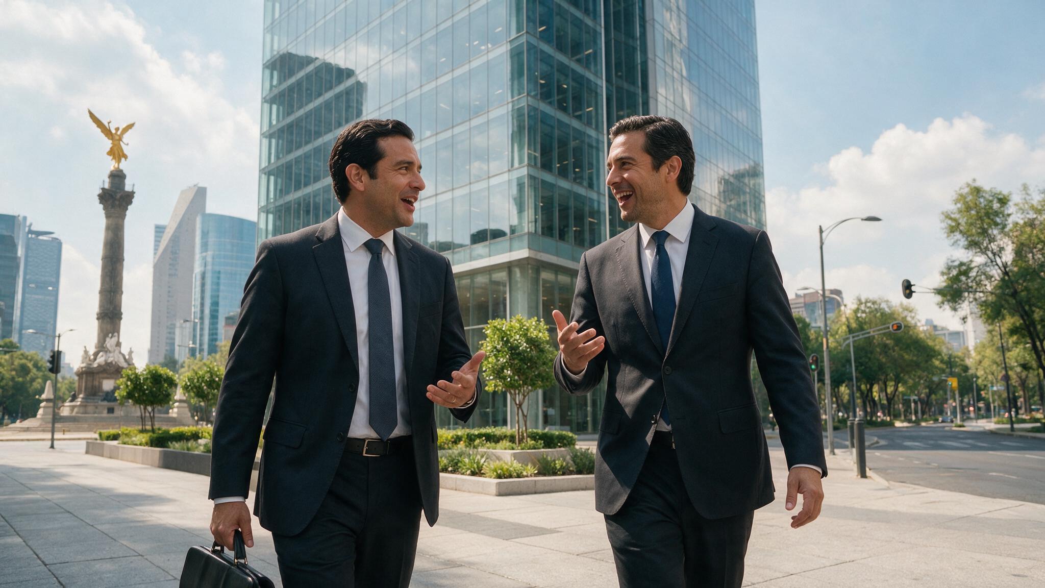 Dos abogados mexicanos conversando frente a un edificio corporativo de la Ciudad de México