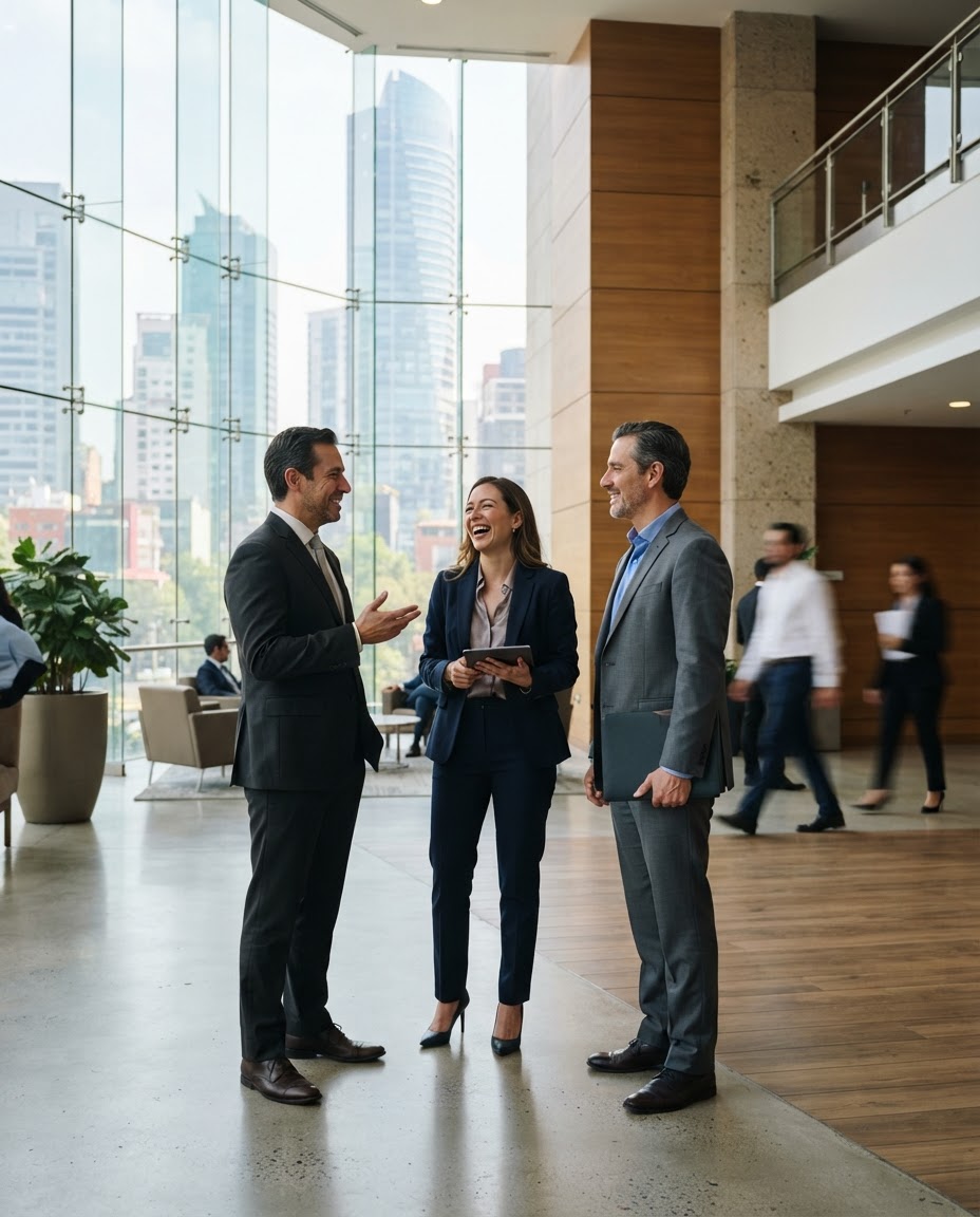Tres abogados mexicanos conversando en el vestíbulo moderno del despacho