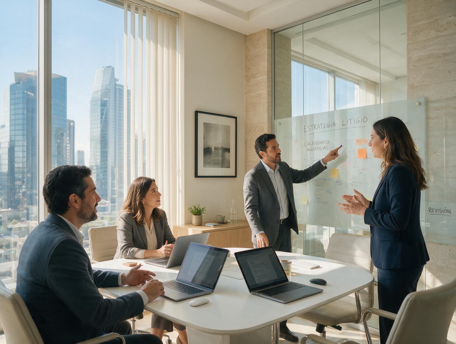 Equipo de profesionales mexicanos en una reunión de estrategia en una sala de juntas moderna