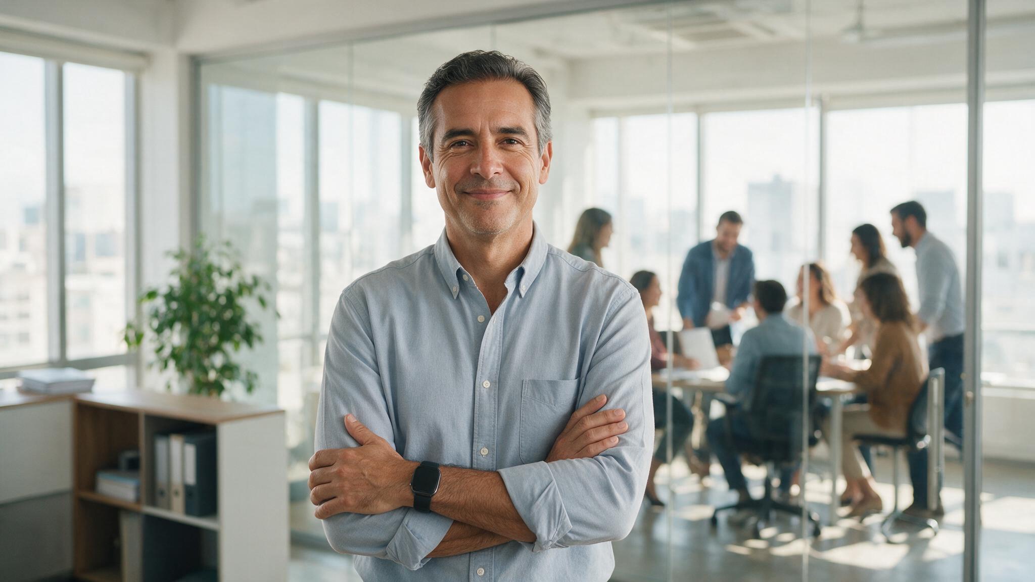 Empresario mexicano tranquilo en su oficina con su equipo trabajando al fondo
